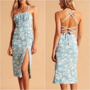 Abercrombie & Fitch Dress Midi Ruched Lace Up Back Slit Floral Blue L NWT New